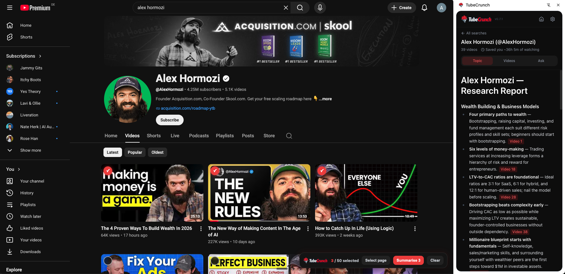 The TubeCrunch extension summarizing a YouTube channel, shown in a side panel next to YouTube